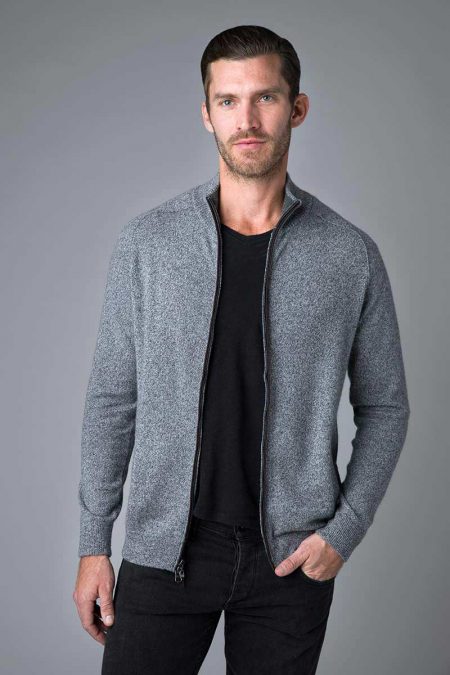 Suede Trim Full Zip Mock Cardigan - Kinross Cashmere