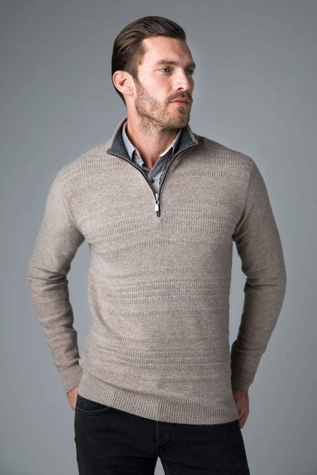 Suede Trim Text Stripe Qtr Zip Mock - Kinross Cashmere