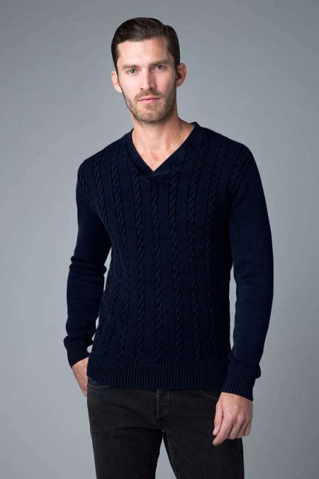 Stonewash Cable Vneck - Kinross Cashmere