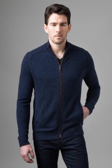 Suede Trim Zip Mock Cardigan - Kinross Cashmere